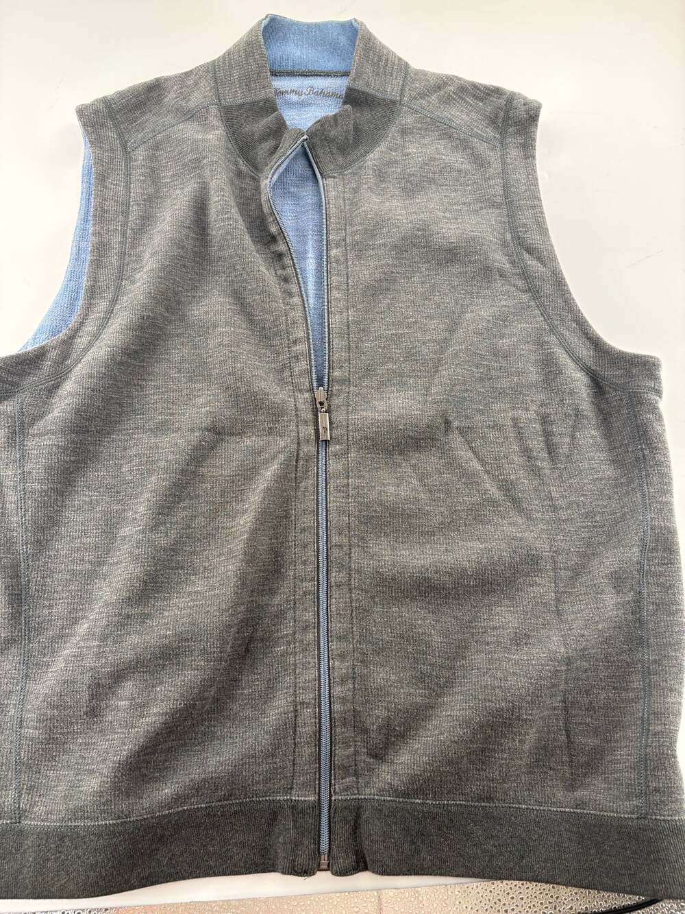 Tommy Bahama Mens XXL Reversible Full Zip Vest Gray Blue Marlin Zipper